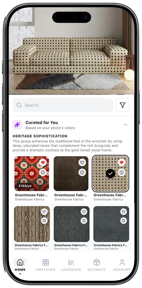 SwatchFLO app recommendations phone frame showing curated upholstery fabric swatches based on a room photo